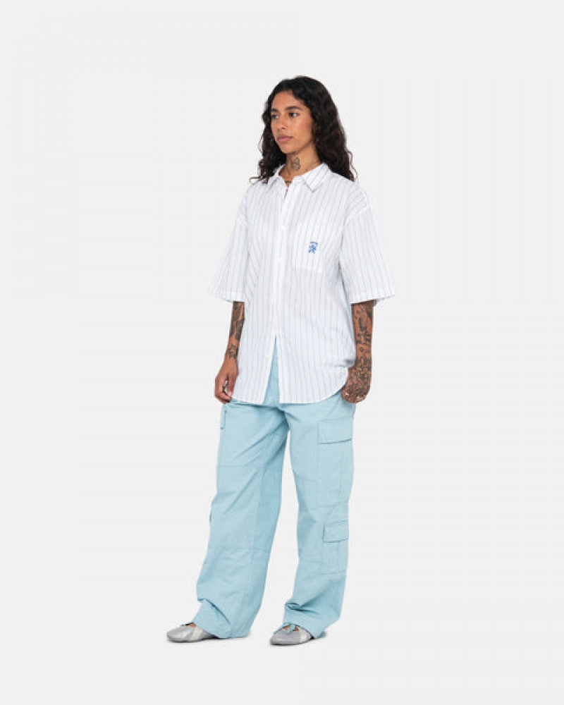 Camasa Barbati Stussy Boxy In Dungi Shirt Albi | THP-7468