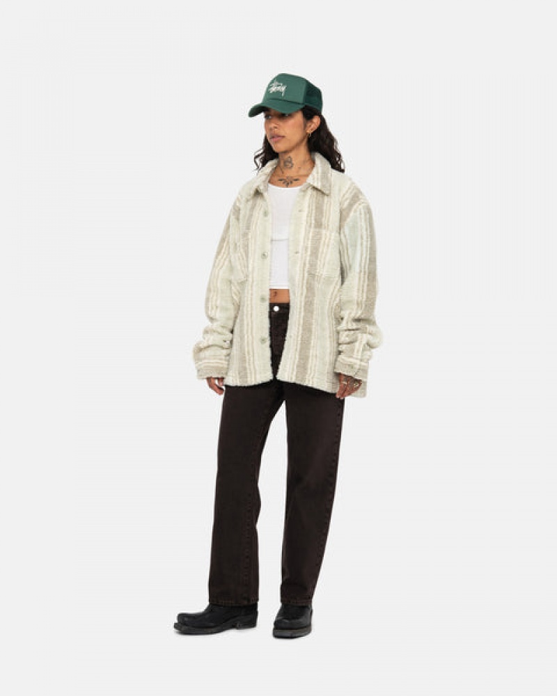 Cămașă Jachete Barbati Stussy In Dungi Sherpa Shirt Bej | DOU-4872