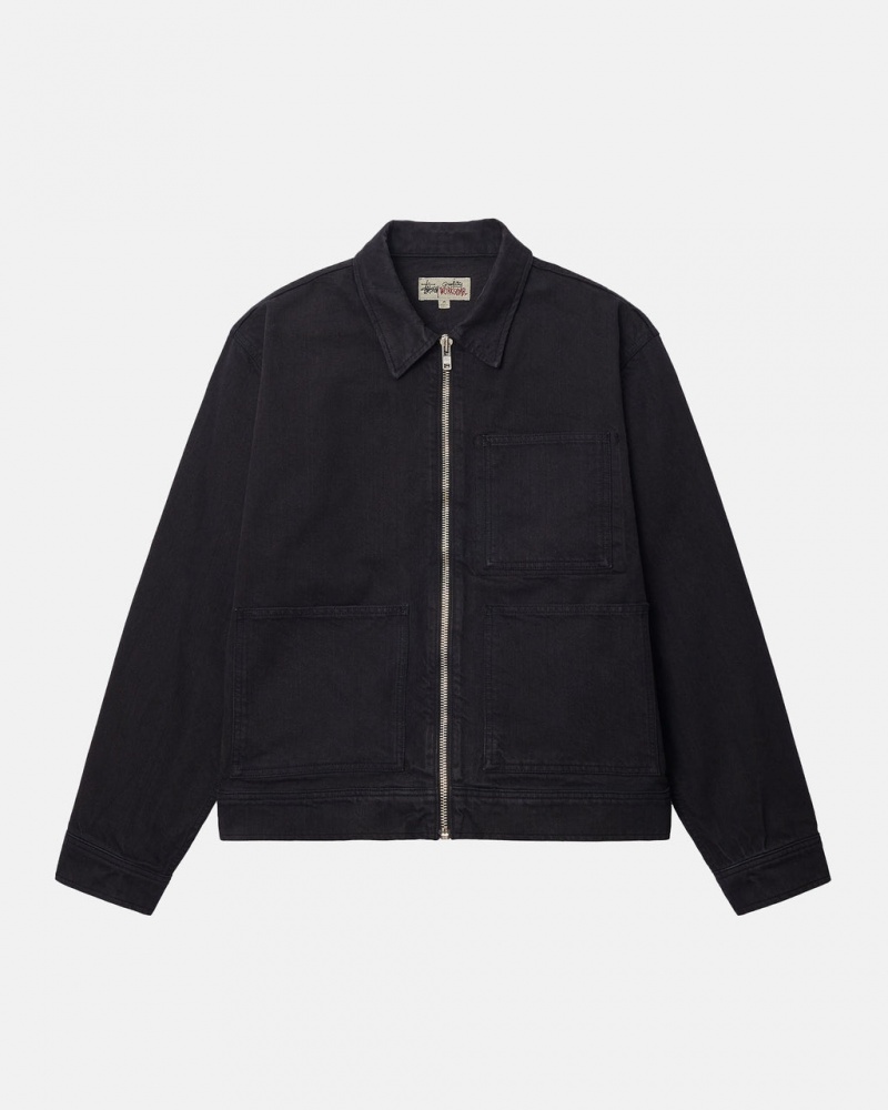 Denim Barbati Stussy Zip Lucru Jacket Overdyed Negrii Negrii | HLJ-5649