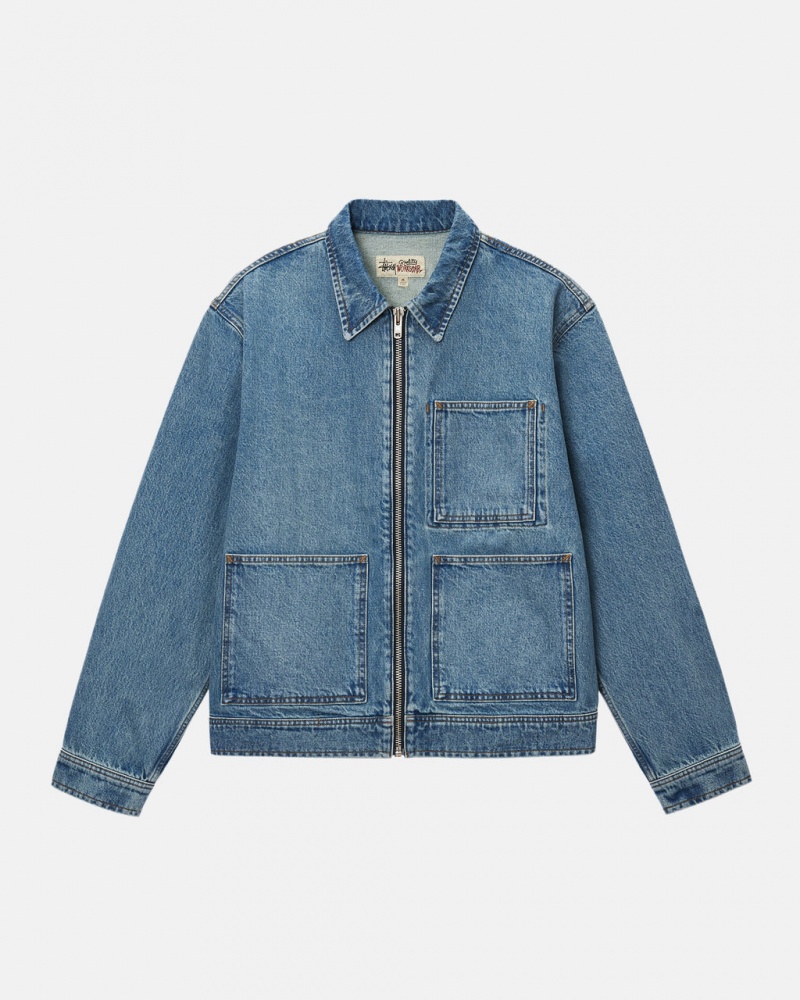 Denim Dama Stussy Zip Lucru Jacket Denim Albastri | TFK-5213